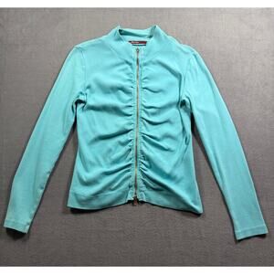 Barbara‎ Lesser Jacket Small Teal Aqua Ruched Gathered Front Full Zip Cardigan